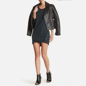 Papillon Blanc Black Midi Dress with Leather Jacket Look